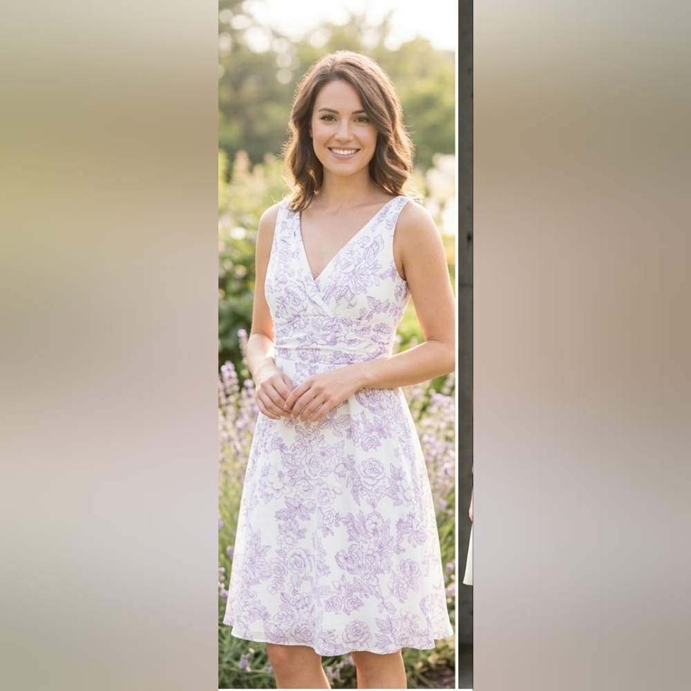 Maggy London White & Lavender Floral V-Neck Midi Dress 100% Cotton Size 8